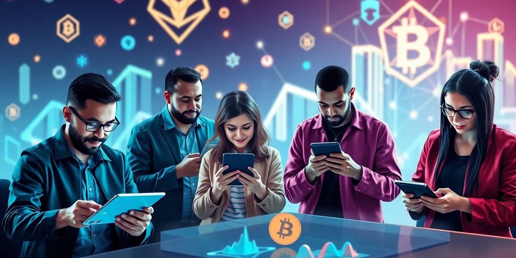 Diverse people trading cryptocurrency on digital devices.