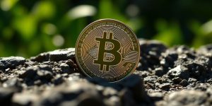 Bitcoin coin on a rocky surface with blurred greenery.